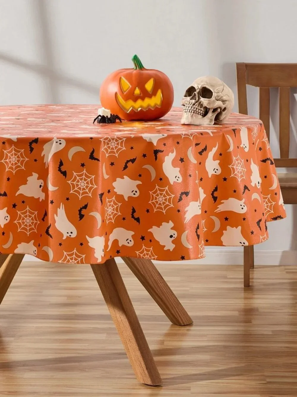 Way to Celebrate Halloween Orange Ghost PEVA Tablecloth 70